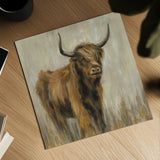 Highland Mountain Cow by Silvia Vassileva. Shown as a detailed flat fine art print, highlighting archival giclee quality. Available as an archival giclee rolled canvas, fine art paper, or poster print. SKU 55090a.