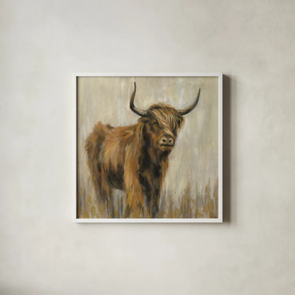 Highland Mountain Cow by Silvia Vassileva. Shown in a crisp white glass frame for a clean and minimalist style. Available as an archival giclee rolled canvas, fine art paper, or poster print. SKU 55090a.
