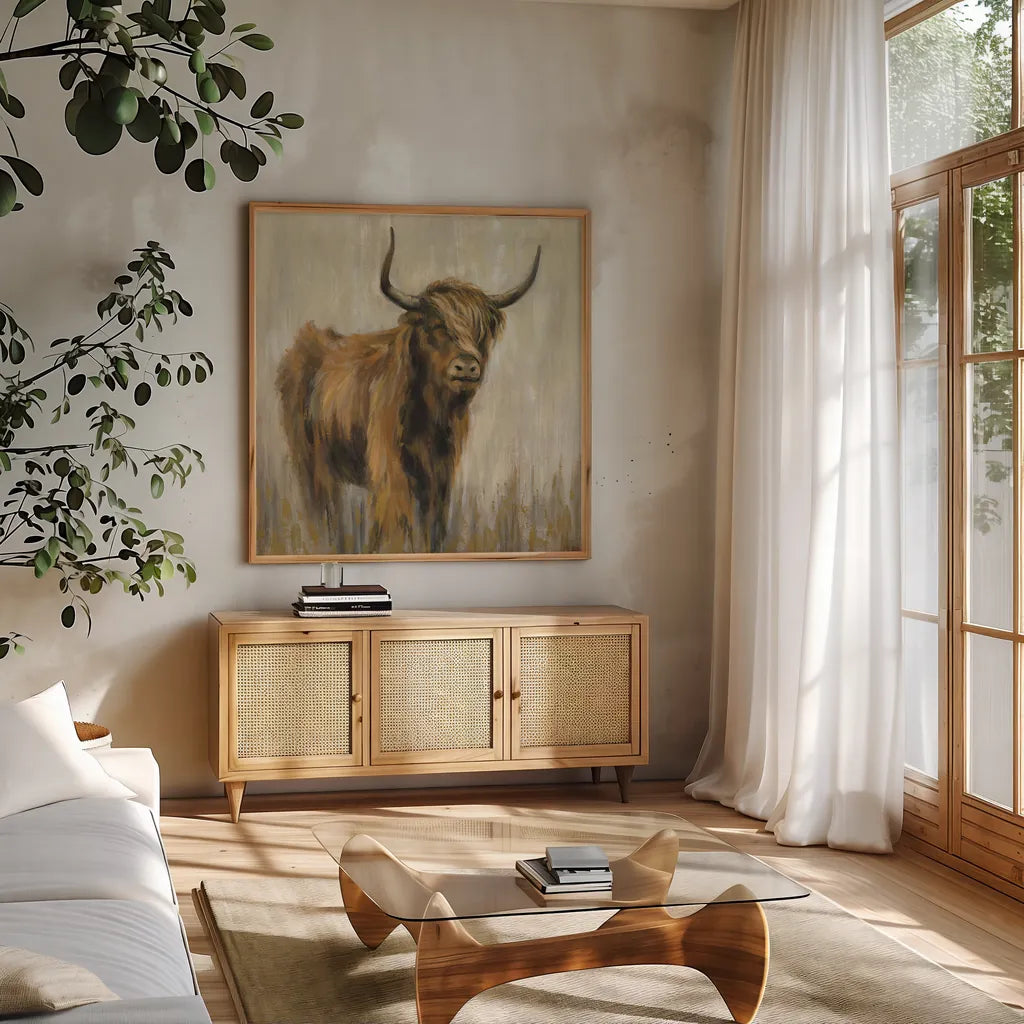 Highland Mountain Cow by Silvia Vassileva. Shown in a natural wood frame in a cozy modern living room. Available as an archival giclee rolled canvas, fine art paper, or poster print. SKU 55090a.