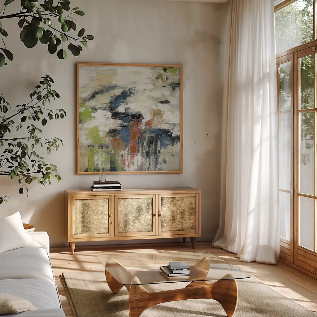 Highline View Crop by Silvia Vassileva. Shown in a natural wood frame in a cozy modern living room. Available as an archival giclee rolled canvas, fine art paper, or poster print. SKU 26435a.