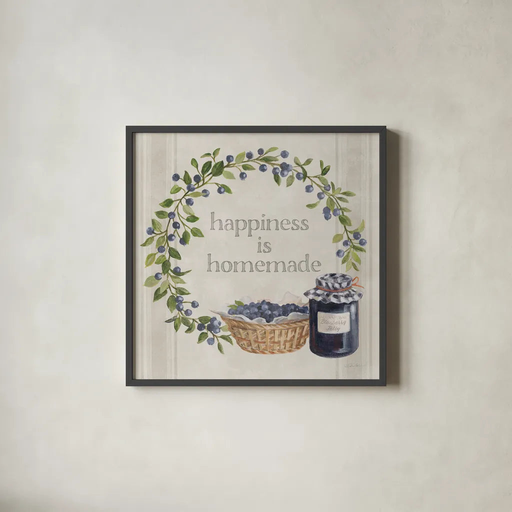 Homemade Happiness VI by Silvia Vassileva. Shown in a sleek black glass frame for a contemporary gallery look. Available as an archival giclee rolled canvas, fine art paper, or poster print. SKU 66785a.