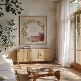 Homemade Happiness VIII by Silvia Vassileva. Shown in a natural wood frame in a cozy modern living room. Available as an archival giclee rolled canvas, fine art paper, or poster print. SKU 66787a.