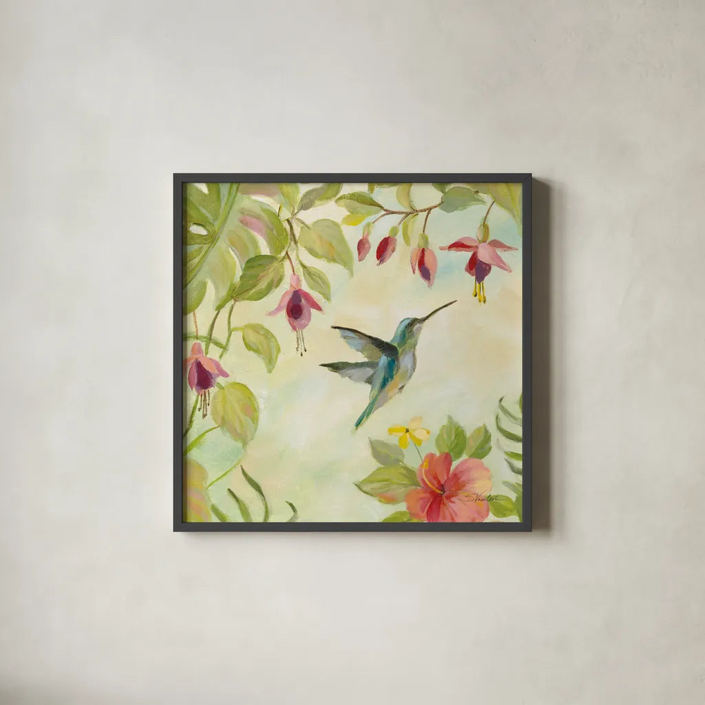 Hummingbirds Song II by Silvia Vassileva. Shown in a sleek black glass frame for a contemporary gallery look. Available as an archival giclee rolled canvas, fine art paper, or poster print. SKU 69158a.