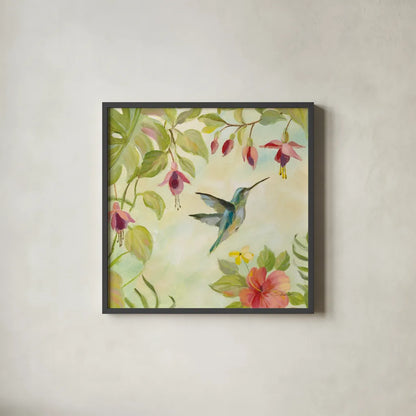 Hummingbirds Song II by Silvia Vassileva. Shown in a sleek black glass frame for a contemporary gallery look. Available as an archival giclee rolled canvas, fine art paper, or poster print. SKU 69158a.