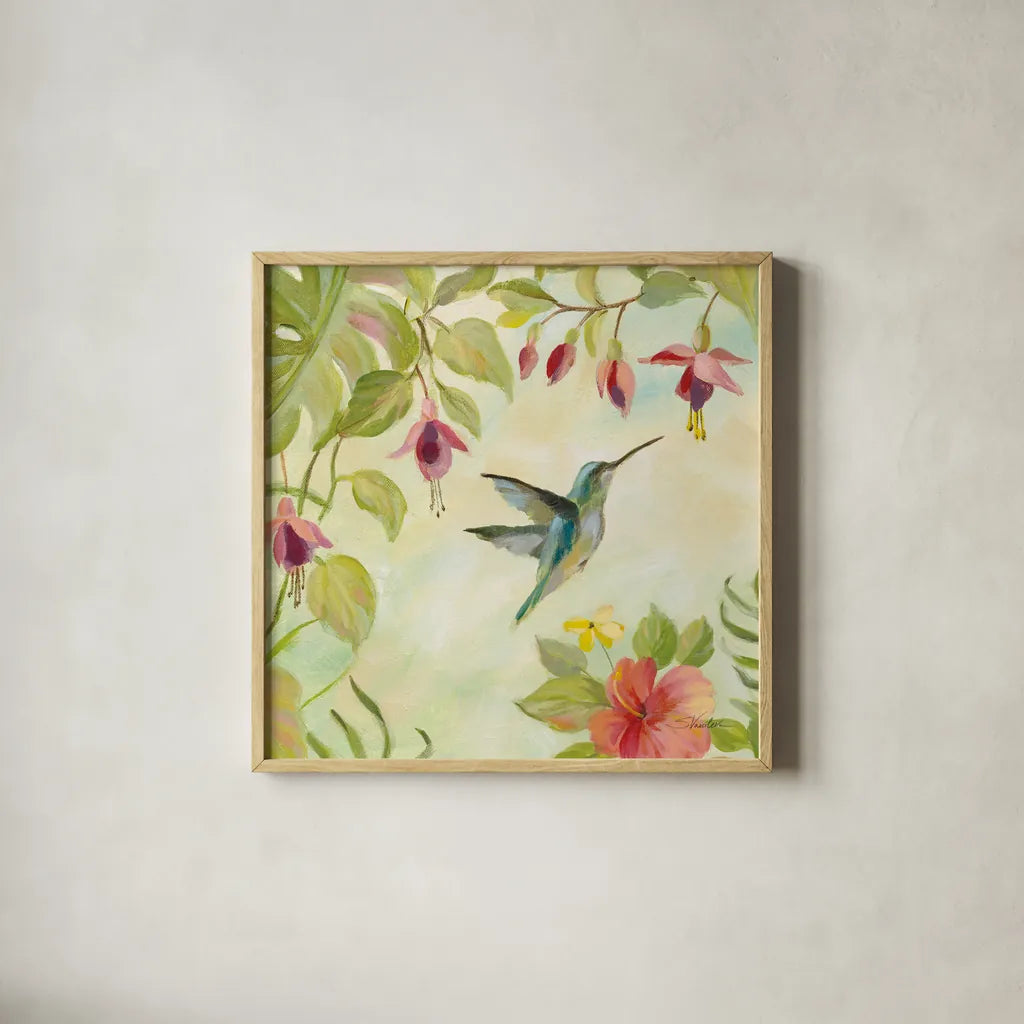 Hummingbirds Song II by Silvia Vassileva. Shown in a natural wood glass frame for a timeless modern aesthetic. Available as an archival giclee rolled canvas, fine art paper, or poster print. SKU 69158a.