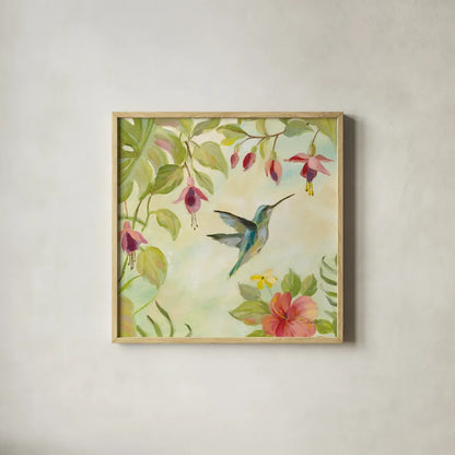 Hummingbirds Song II by Silvia Vassileva. Shown in a natural wood glass frame for a timeless modern aesthetic. Available as an archival giclee rolled canvas, fine art paper, or poster print. SKU 69158a.