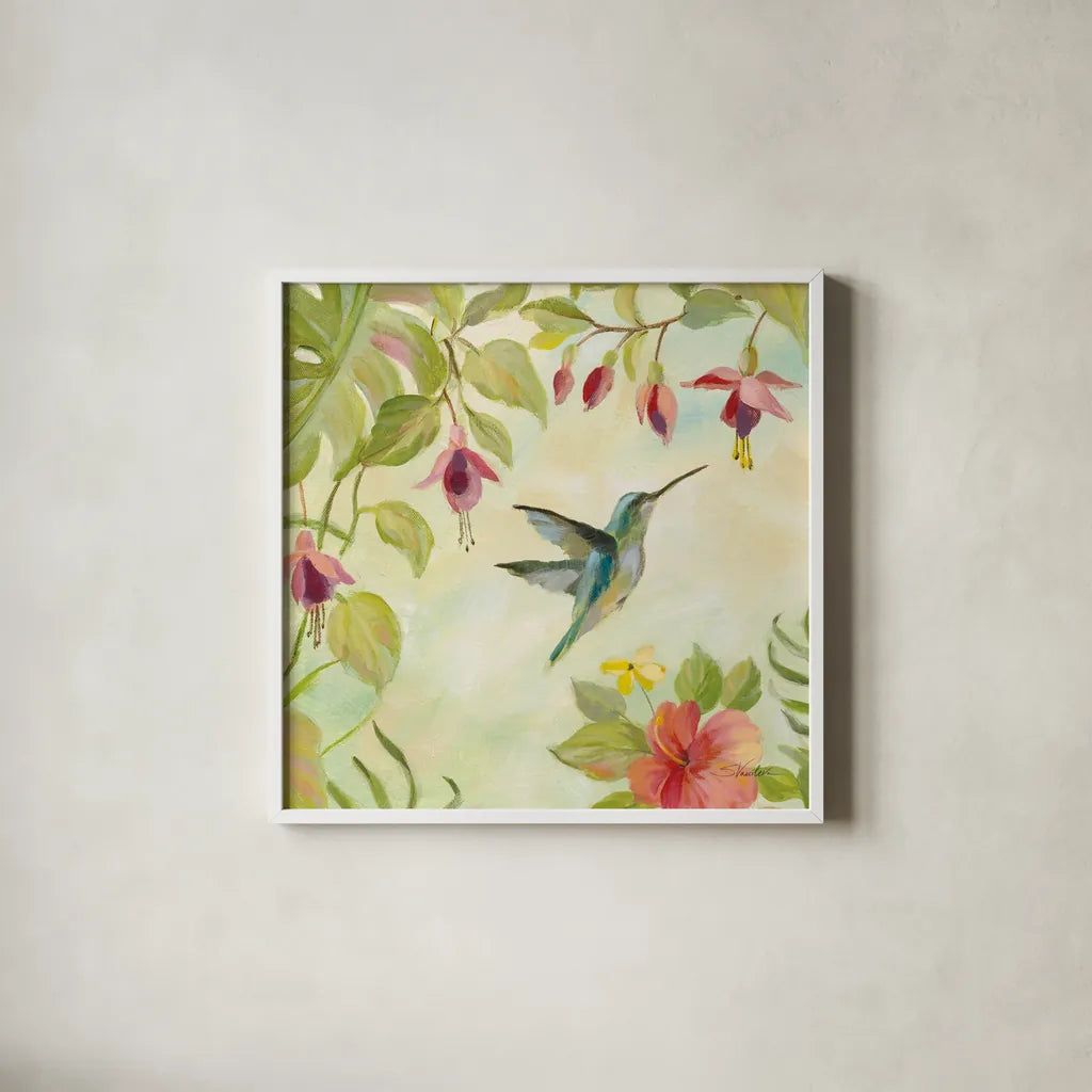 Hummingbirds Song II by Silvia Vassileva. Shown in a crisp white glass frame for a clean and minimalist style. Available as an archival giclee rolled canvas, fine art paper, or poster print. SKU 69158a.