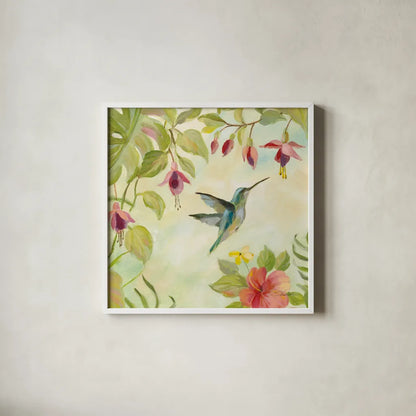 Hummingbirds Song II by Silvia Vassileva. Shown in a crisp white glass frame for a clean and minimalist style. Available as an archival giclee rolled canvas, fine art paper, or poster print. SKU 69158a.
