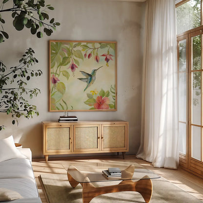 Hummingbirds Song II by Silvia Vassileva. Shown in a natural wood frame in a cozy modern living room. Available as an archival giclee rolled canvas, fine art paper, or poster print. SKU 69158a.