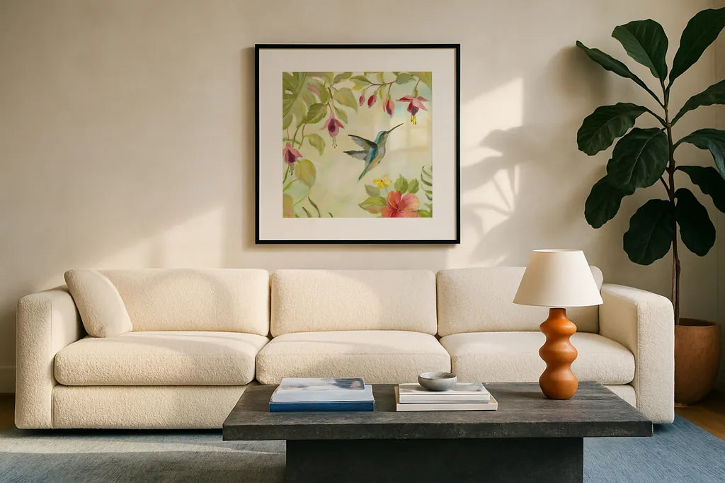 Hummingbirds Song II by Silvia Vassileva. Displayed in a glass frame with matte in a clean modern living room. Available as an archival giclee rolled canvas, fine art paper, or poster print. SKU 69158a.