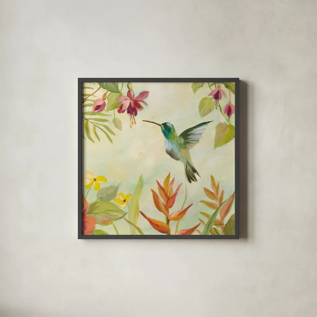 Hummingbirds Song III by Silvia Vassileva. Shown in a sleek black glass frame for a contemporary gallery look. Available as an archival giclee rolled canvas, fine art paper, or poster print. SKU 69159a.