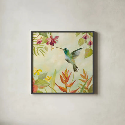 Hummingbirds Song III by Silvia Vassileva. Shown in a sleek black glass frame for a contemporary gallery look. Available as an archival giclee rolled canvas, fine art paper, or poster print. SKU 69159a.