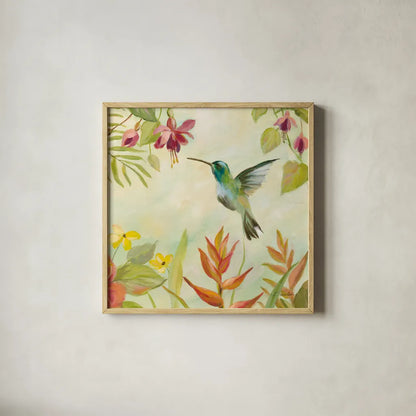 Hummingbirds Song III by Silvia Vassileva. Shown in a natural wood glass frame for a timeless modern aesthetic. Available as an archival giclee rolled canvas, fine art paper, or poster print. SKU 69159a.