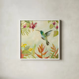 Hummingbirds Song III by Silvia Vassileva. Shown in a crisp white glass frame for a clean and minimalist style. Available as an archival giclee rolled canvas, fine art paper, or poster print. SKU 69159a.