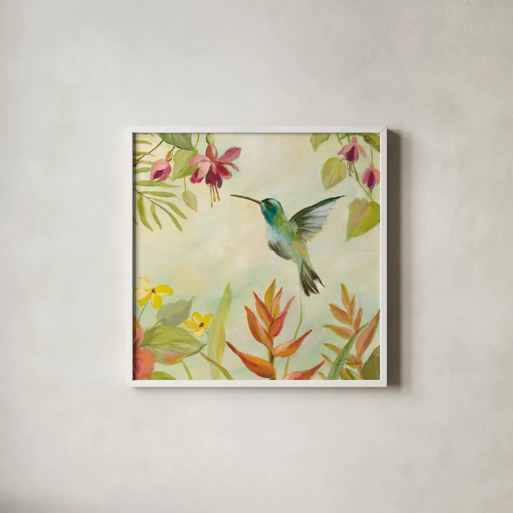 Hummingbirds Song III by Silvia Vassileva. Shown in a crisp white glass frame for a clean and minimalist style. Available as an archival giclee rolled canvas, fine art paper, or poster print. SKU 69159a.