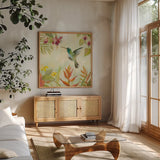 Hummingbirds Song III by Silvia Vassileva. Shown in a natural wood frame in a cozy modern living room. Available as an archival giclee rolled canvas, fine art paper, or poster print. SKU 69159a.