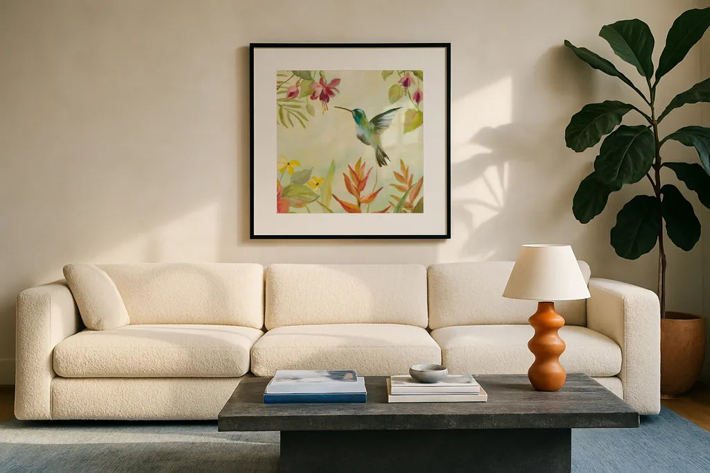 Hummingbirds Song III by Silvia Vassileva. Displayed in a glass frame with matte in a clean modern living room. Available as an archival giclee rolled canvas, fine art paper, or poster print. SKU 69159a.