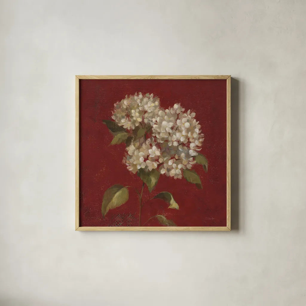Hydrangea Blooms by Silvia Vassileva. Shown in a natural wood glass frame for a timeless modern aesthetic. Available as an archival giclee rolled canvas, fine art paper, or poster print. SKU 60333a.