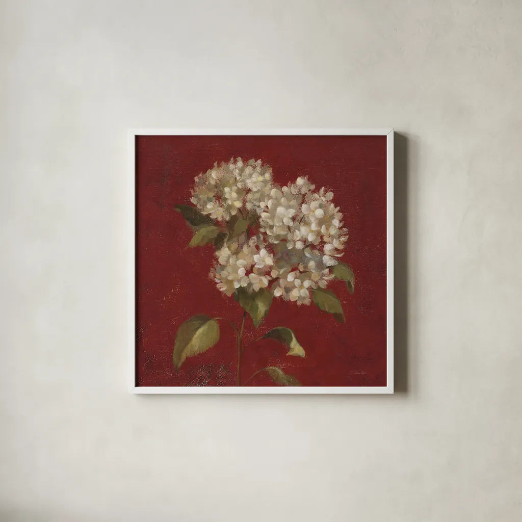 Hydrangea Blooms by Silvia Vassileva. Shown in a crisp white glass frame for a clean and minimalist style. Available as an archival giclee rolled canvas, fine art paper, or poster print. SKU 60333a.