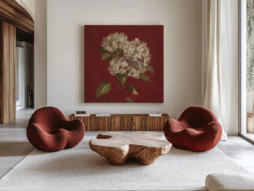 Hydrangea Blooms by Silvia Vassileva. Shown as extra-large giant wall art in a modern living room. Available as an archival giclee rolled canvas, fine art paper, or poster print. SKU 60333a.