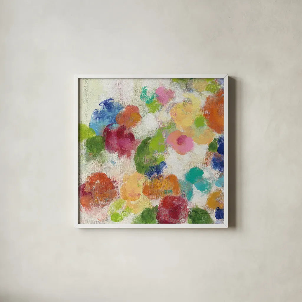 Hydrangea Bouquet I Square I by Silvia Vassileva. Shown in a crisp white glass frame for a clean and minimalist style. Available as an archival giclee rolled canvas, fine art paper, or poster print. SKU 36447a.