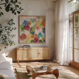 Hydrangea Bouquet I Square I by Silvia Vassileva. Shown in a natural wood frame in a cozy modern living room. Available as an archival giclee rolled canvas, fine art paper, or poster print. SKU 36447a.