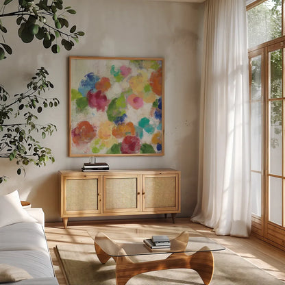 Hydrangea Bouquet I Square I by Silvia Vassileva. Shown in a natural wood frame in a cozy modern living room. Available as an archival giclee rolled canvas, fine art paper, or poster print. SKU 36447a.