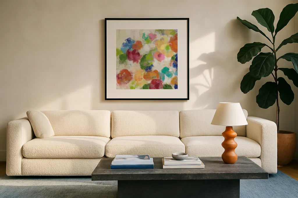 Hydrangea Bouquet I Square I by Silvia Vassileva. Displayed in a glass frame with matte in a clean modern living room. Available as an archival giclee rolled canvas, fine art paper, or poster print. SKU 36447a.