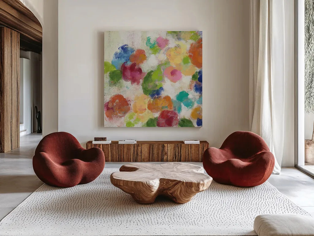 Hydrangea Bouquet I Square I by Silvia Vassileva. Shown as extra-large giant wall art in a modern living room. Available as an archival giclee rolled canvas, fine art paper, or poster print. SKU 36447a.