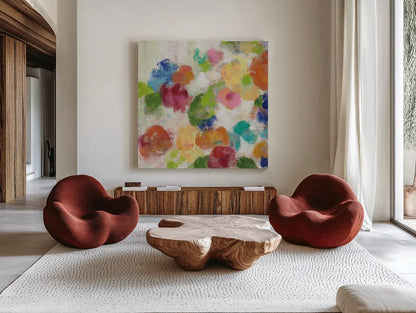 Hydrangea Bouquet I Square I by Silvia Vassileva. Shown as extra-large giant wall art in a modern living room. Available as an archival giclee rolled canvas, fine art paper, or poster print. SKU 36447a.
