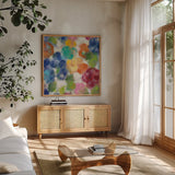 Hydrangea Bouquet I Square II by Silvia Vassileva. Shown in a natural wood frame in a cozy modern living room. Available as an archival giclee rolled canvas, fine art paper, or poster print. SKU 36448a.