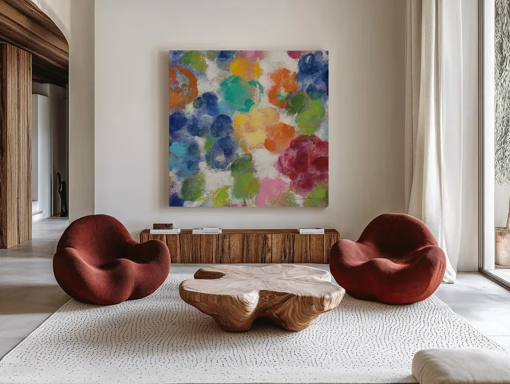 Hydrangea Bouquet I Square II by Silvia Vassileva. Shown as extra-large giant wall art in a modern living room. Available as an archival giclee rolled canvas, fine art paper, or poster print. SKU 36448a.