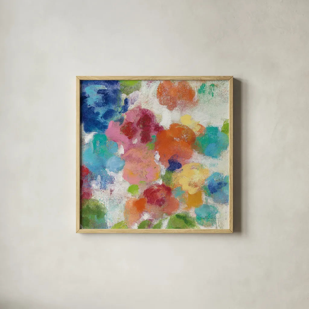 Hydrangea Bouquet I Square III by Silvia Vassileva. Shown in a natural wood glass frame for a timeless modern aesthetic. Available as an archival giclee rolled canvas, fine art paper, or poster print. SKU 36449a.