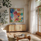 Hydrangea Bouquet I Square III by Silvia Vassileva. Shown in a natural wood frame in a cozy modern living room. Available as an archival giclee rolled canvas, fine art paper, or poster print. SKU 36449a.