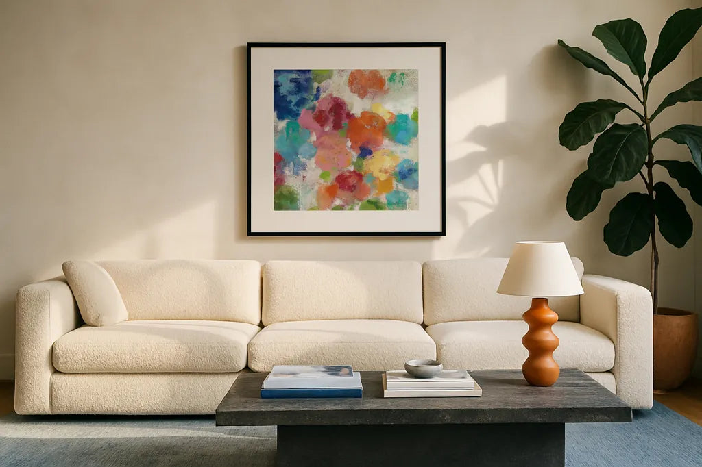 Hydrangea Bouquet I Square III by Silvia Vassileva. Displayed in a glass frame with matte in a clean modern living room. Available as an archival giclee rolled canvas, fine art paper, or poster print. SKU 36449a.