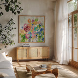 Hydrangea Bouquet II by Silvia Vassileva. Shown in a natural wood frame in a cozy modern living room. Available as an archival giclee rolled canvas, fine art paper, or poster print. SKU 35836a.