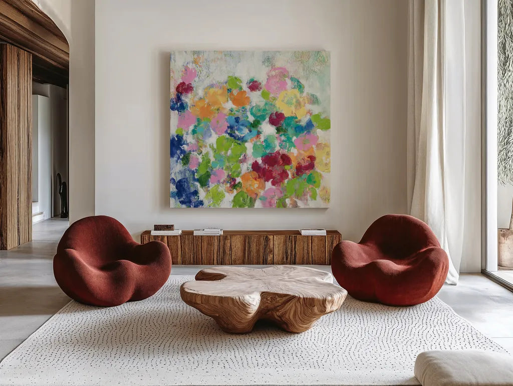 Hydrangea Bouquet III by Silvia Vassileva. Shown as extra-large giant wall art in a modern living room. Available as an archival giclee rolled canvas, fine art paper, or poster print. SKU 35837a.