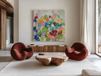 Hydrangea Bouquet III by Silvia Vassileva. Shown as extra-large giant wall art in a modern living room. Available as an archival giclee rolled canvas, fine art paper, or poster print. SKU 35837a.