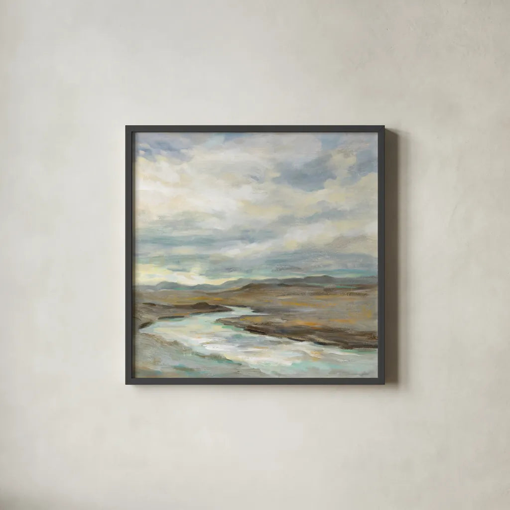 Iceland Silver River by Silvia Vassileva. Shown in a sleek black glass frame for a contemporary gallery look. Available as an archival giclee rolled canvas, fine art paper, or poster print. SKU 65606a.