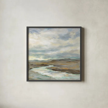 Iceland Silver River by Silvia Vassileva. Shown in a sleek black glass frame for a contemporary gallery look. Available as an archival giclee rolled canvas, fine art paper, or poster print. SKU 65606a.