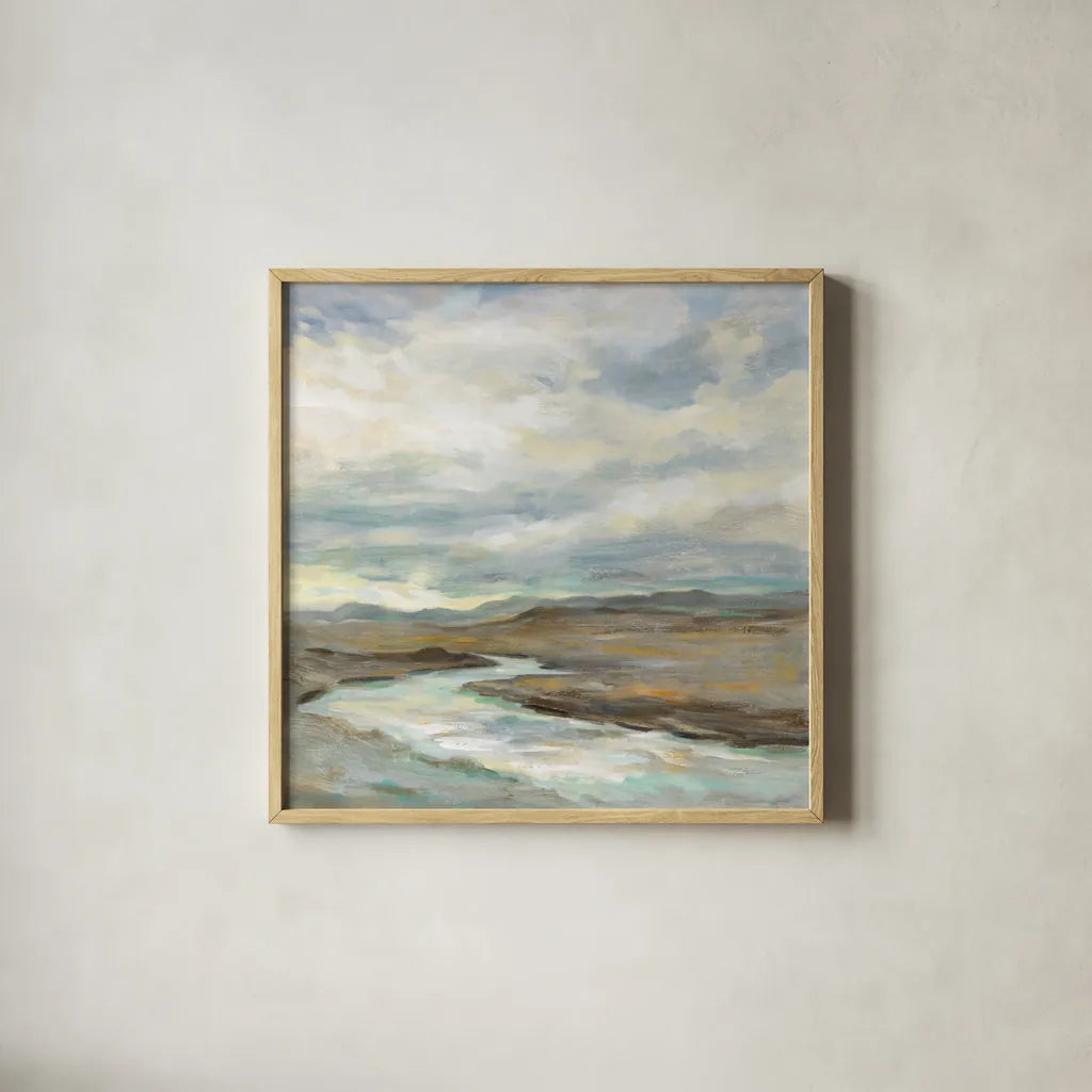 Iceland Silver River by Silvia Vassileva. Shown in a natural wood glass frame for a timeless modern aesthetic. Available as an archival giclee rolled canvas, fine art paper, or poster print. SKU 65606a.