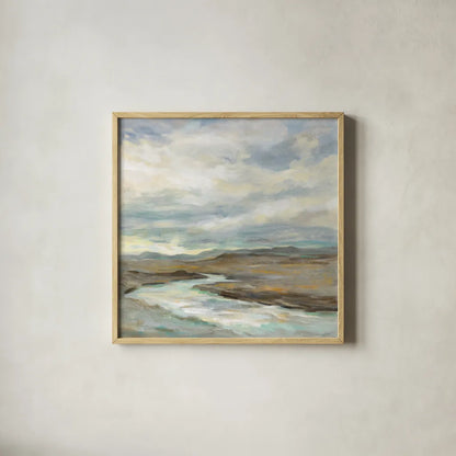 Iceland Silver River by Silvia Vassileva. Shown in a natural wood glass frame for a timeless modern aesthetic. Available as an archival giclee rolled canvas, fine art paper, or poster print. SKU 65606a.