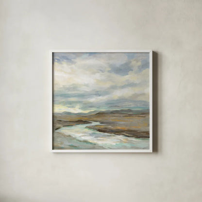 Iceland Silver River by Silvia Vassileva. Shown in a crisp white glass frame for a clean and minimalist style. Available as an archival giclee rolled canvas, fine art paper, or poster print. SKU 65606a.