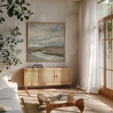 Iceland Silver River by Silvia Vassileva. Shown in a natural wood frame in a cozy modern living room. Available as an archival giclee rolled canvas, fine art paper, or poster print. SKU 65606a.