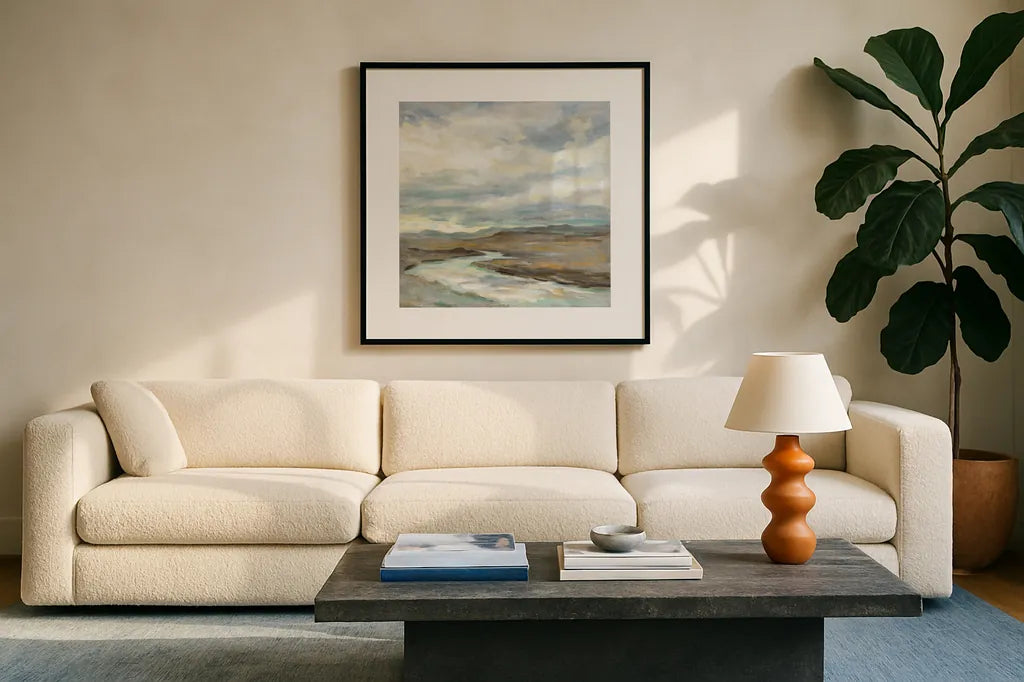 Iceland Silver River by Silvia Vassileva. Displayed in a glass frame with matte in a clean modern living room. Available as an archival giclee rolled canvas, fine art paper, or poster print. SKU 65606a.