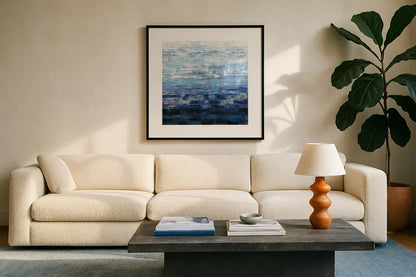 Icelandic Wave by Silvia Vassileva. Displayed in a glass frame with matte in a clean modern living room. Available as an archival giclee rolled canvas, fine art paper, or poster print. SKU 35831a.
