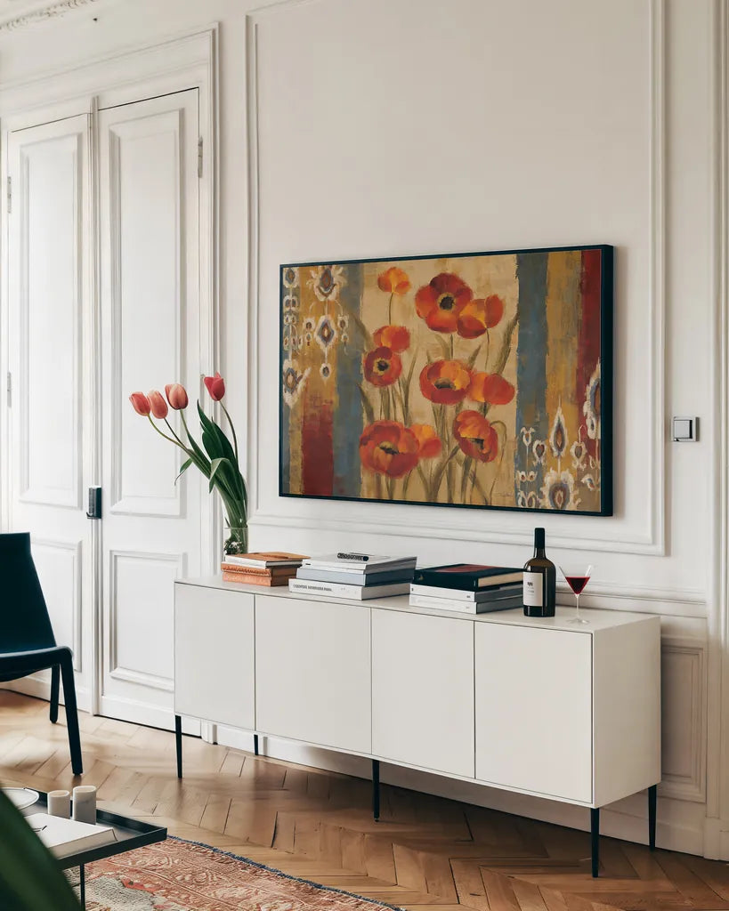 Ikat Floral Tapestry by Silvia Vassileva. shown as a framed stretched canvas in a living room above a console. Available as a archival giclee rolled canvas, fine art paper, or poster print. SKU 6221i.