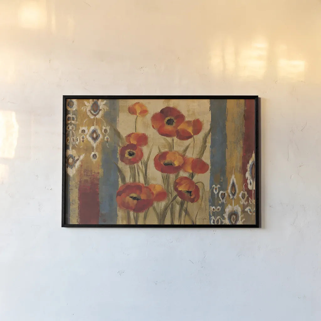 Ikat Floral Tapestry by Silvia Vassileva. shown as a paper print in a black flame. Available as a archival giclee rolled canvas, fine art paper, or poster print. SKU 6221i.