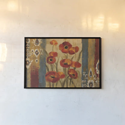 Ikat Floral Tapestry by Silvia Vassileva. shown as a paper print in a black flame. Available as a archival giclee rolled canvas, fine art paper, or poster print. SKU 6221i.
