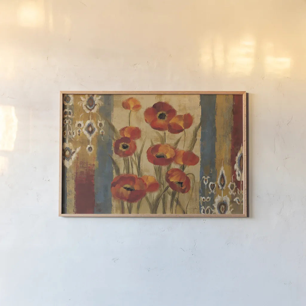 Ikat Floral Tapestry by Silvia Vassileva. shown as a paper print in a natural frame. Available as a archival giclee rolled canvas, fine art paper, or poster print. SKU 6221i.